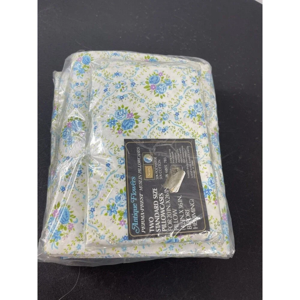 VTG Sears Perma Prest Muslin Antique Flowers Blue Floral Sheet Set Full NOS